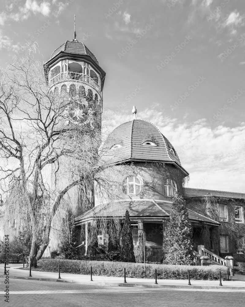 Water tower and building of water and mud cure clinic in Svetlogorsk, Russia, city landmark and architectural monument