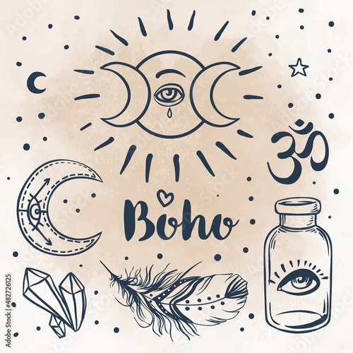 Gypsy Love: Set of Ornamental Boho Style Elements. Vector illustration. Tatto...