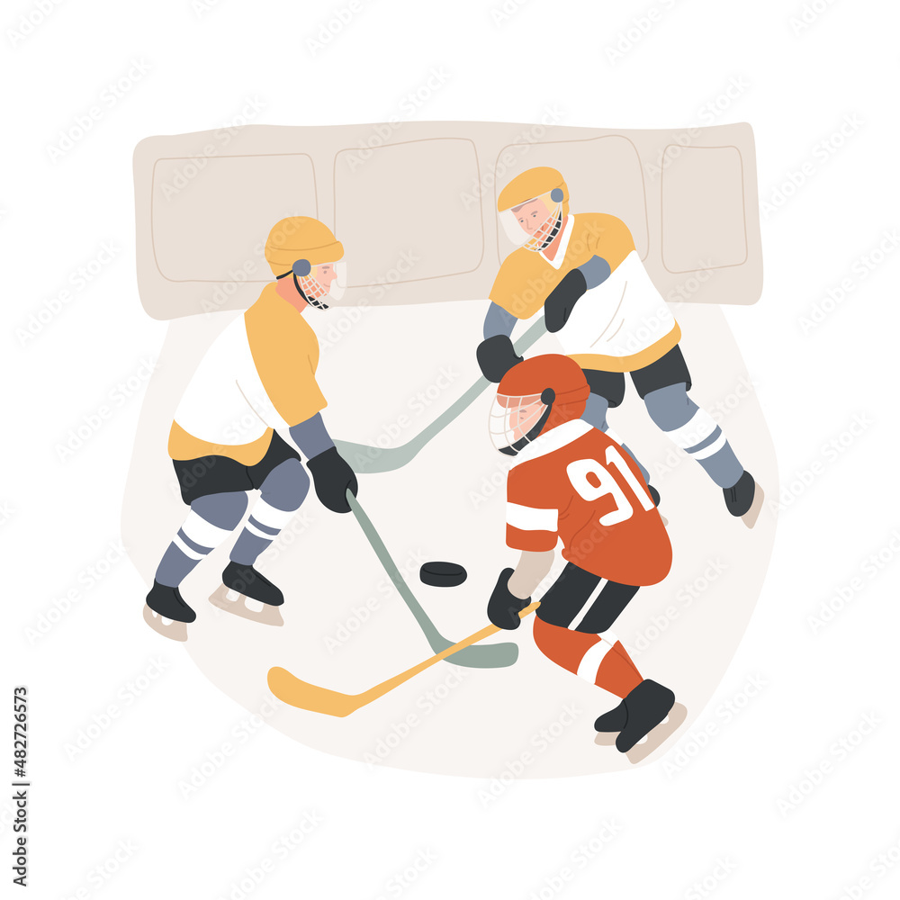 Fototapeta premium Kids hockey game abstract concept vector illustration. Group of kids in helmets playing ice hockey together on the rink, people active lifestyle, winter extreme sports abstract metaphor.