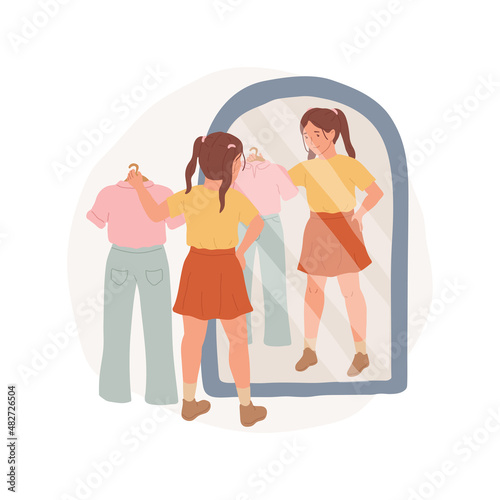 Dressing up abstract concept vector illustration. Girl dressing up for school in the morning, trying on clothes in front of mirror, people daily routine, kid going to study abstract metaphor.