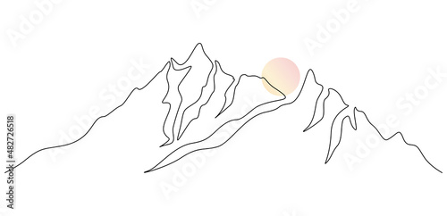 One continuous line drawing of sunset and mountain range landscape. High mounts peak and sun in simple linear style. Adventure winter sports ski and hiking concept. Doodle vector illustration