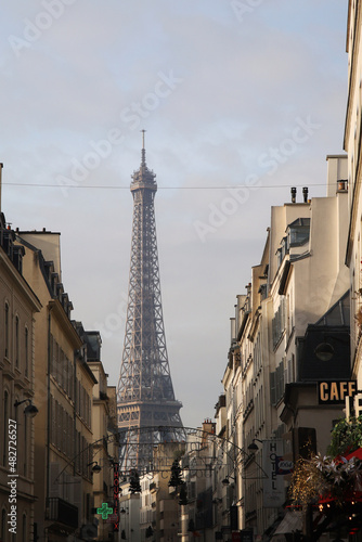 The view of the Eiffel tower from Parisian streets, France