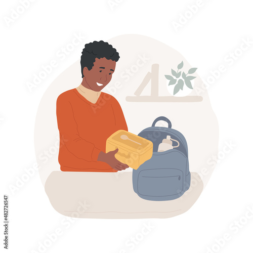Putting things together abstract concept vector illustration. Kid putting lunch box in bag, family daily routine, going to school, morning preparations abstract metaphor.