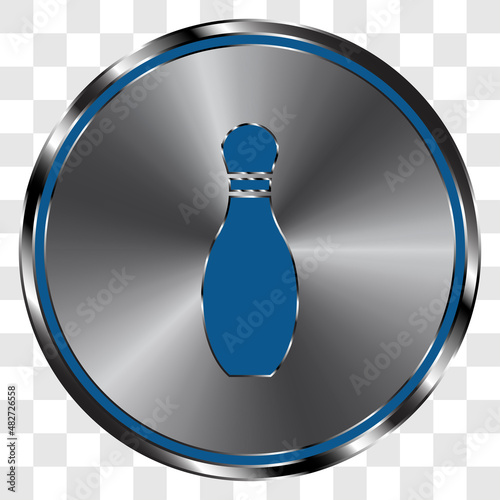 Bowling skittle simple icon on metal round button. Transparent grid