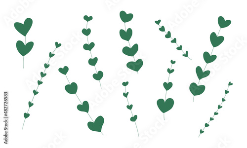 Green flowers or branch made of hearts with love. Set of green heart shaped plants for environmental protection and care