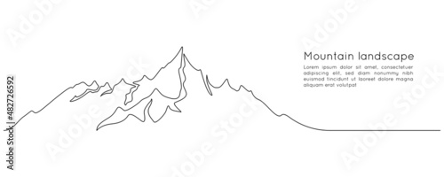 Mountains landscape in One continuous line drawing. Mounts with high peak in simple linear style. Adventure winter sports and outdoor tourism outline concept . Doodle vector illustration