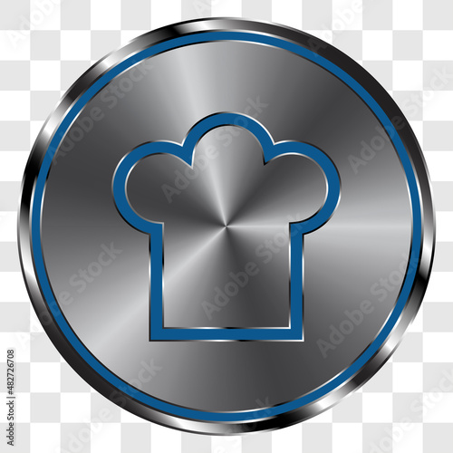 Chef hat, kitchen simple icon on metal round button. Transparent grid