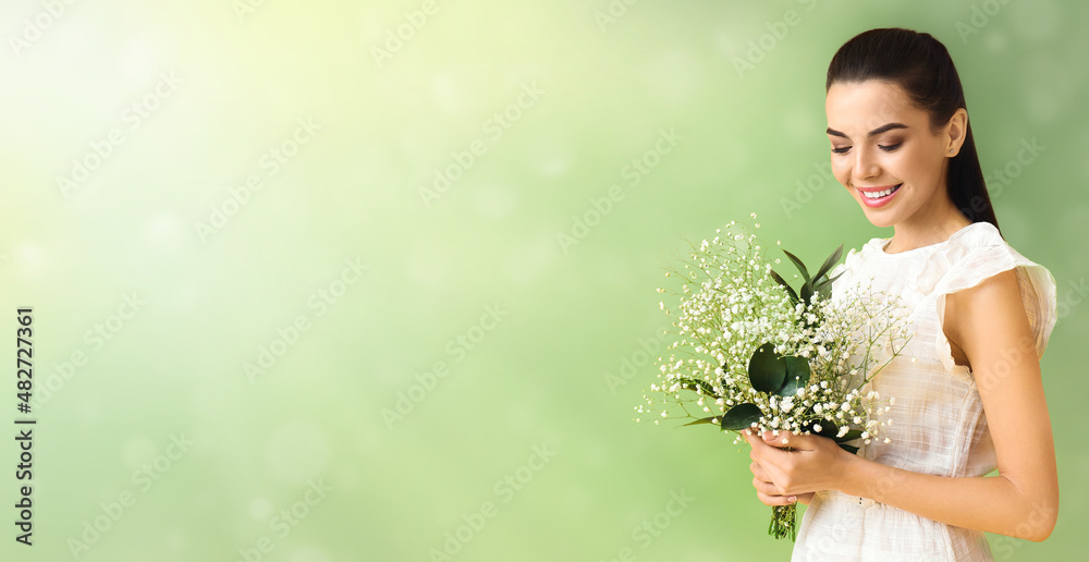 Beautiful young woman with flowers on color background Beautiful young woman with flowers on color background