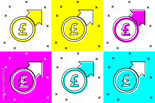 Set Financial growth and pound sterling coin icon isolated on color background. Increasing revenue. Vector
