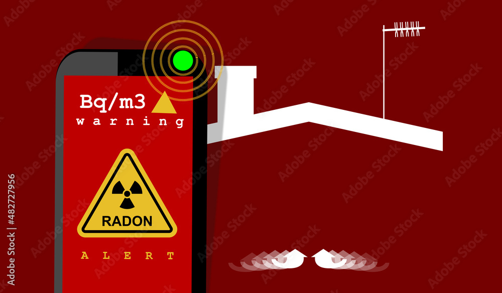 ILLUSTRATION of RADON TESTING. Alert signal, danger. Radioactive, colorless, odorless, tasteless noble gas. Accessories and detectors next to silhouette of a house. Air toxicity monitoring equipment. - obrazy, fototapety, plakaty 