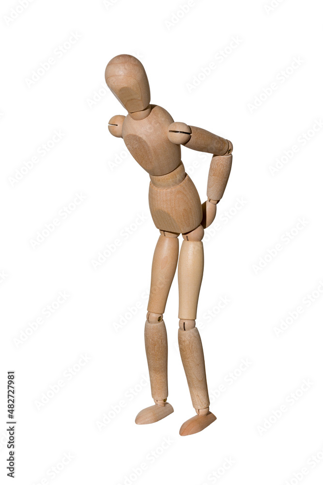 wooden mannequin stands bent over and holds on to the ass, isolated on white background wooden mannequin stands bent over and holds on to the ass, isolated on white background