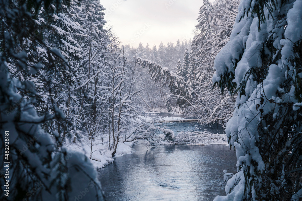 Fototapeta premium Winter landscape scenery along River Amata trail during snowy winter.