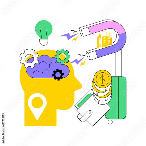 Brain drain abstract concept vector illustration. Emigration of qualified people, trained workers, human capital flight, buisness start up, man with suitcase, leave country abstract metaphor.