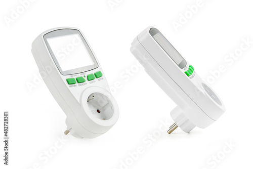 Electronic electricity consumption meter by different devices connected to outlet, expense analysis, wattmeter close-up