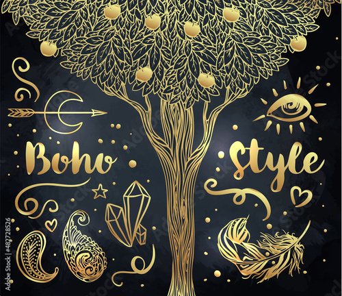 Gypsy Love: Set of Ornamental Boho Style Elements. Vector illustration. Tatto...