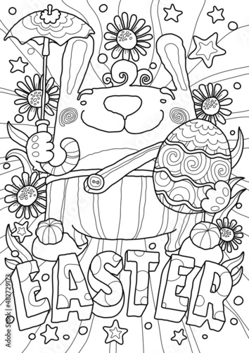 Easter colouring picture with bunny egg and umbrella
