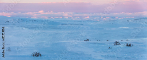 Winter landscape. Snow-covered tundra in the Arctic. Mountains in the distance. Cold weather. Strong wind and blowing snow. Northern nature of the polar region. Chukotka, Far North of Russia. Panorama