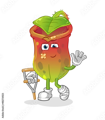 Nepenthes sick with limping stick. cartoon mascot vector