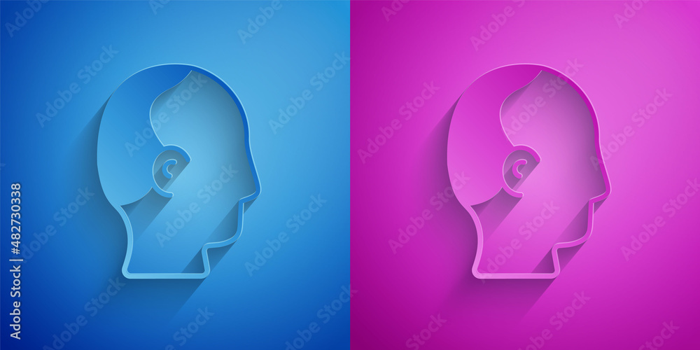 Paper cut Baldness icon isolated on blue and purple background. Alopecia. Paper art style. Vector