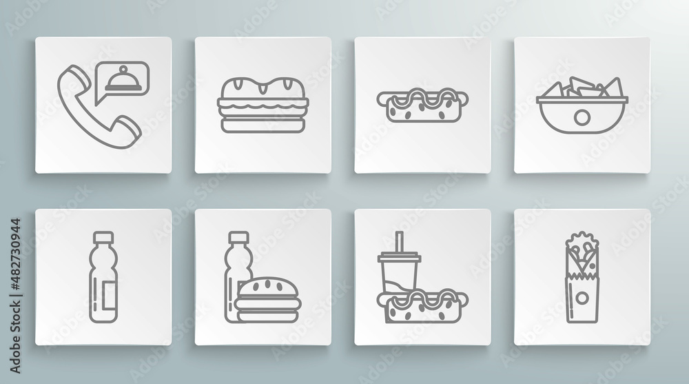 Set line Bottle of water, Sandwich, burger, Paper glass with drinking straw hotdog, Doner kebab, Hotdog sandwich mustard, Nachos plate and Food ordering icon. Vector Set line Bottle of water, Sandwich, burger, Paper glass with drinking straw hotdog, Doner kebab, Hotdog sandwich mustard, Nachos plate and Food ordering icon. Vector
