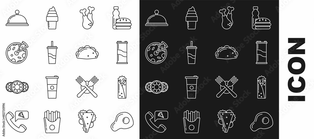 Set line Scrambled eggs, Doner kebab, Soda can, Chicken leg, Paper glass with drinking straw and water, Pizza, Covered tray of food and Taco tortilla icon. Vector Set line Scrambled eggs, Doner kebab, Soda can, Chicken leg, Paper glass with drinking straw and water, Pizza, Covered tray of food and Taco tortilla icon. Vector