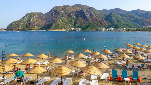 Marmaris Beach Icmeler people swim and relax on the sea. Marmaris Turkey August 2021 