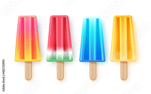 Popsicles element vector set design. 3d popsicle desserts with sweet and fruity flavor isolated in white background for summer yummy treats. Vector illustration. 