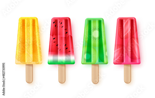 Popsicle fruits vector set design. Popsicles fruity desserts with 3d realistic watermelon, kiwi and strawberry fruit bits for summer season iced cream flavors. Vector illustration.

