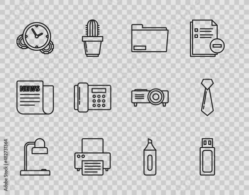 Set line Table lamp, USB flash drive, Document folder, Printer, Time Management, Telephone, Marker pen and Tie icon. Vector