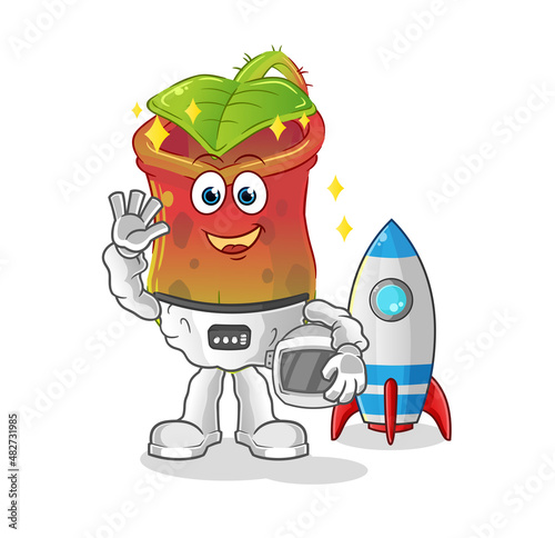 Nepenthes astronaut waving character. cartoon mascot vector