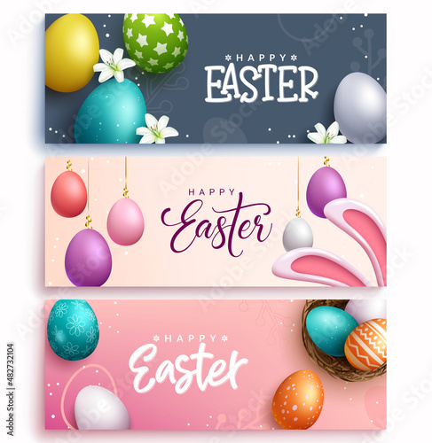 Easter season vector banner set. Happy easter greeting text collection with 3d colorful egg print patterns for seasonal holiday celebration design. Vector illustration.
