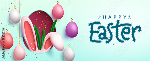Easter season vector design. Happy easter typography text with 3d hanging eggs and bunny ears in oval shape decoration for holiday celebration greeting. Vector illustration.
