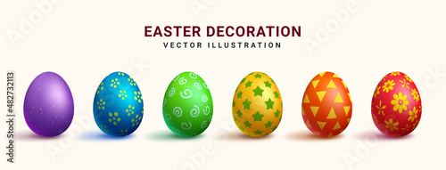 Easter eggs vector set design. 3d colorful eggs collection in festive patterns and prints for easter holiday egg hunt realistic decoration. Vector illustration.
