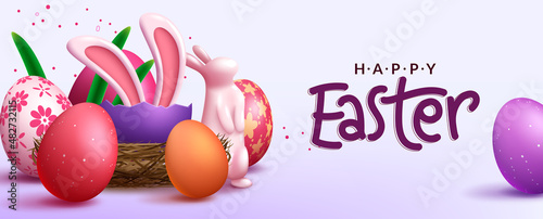 Easter season vector background design. Happy easter text with 3d eggs and bunny decoration for egg hunt seasonal celebration greeting messages. Vector illustration.
