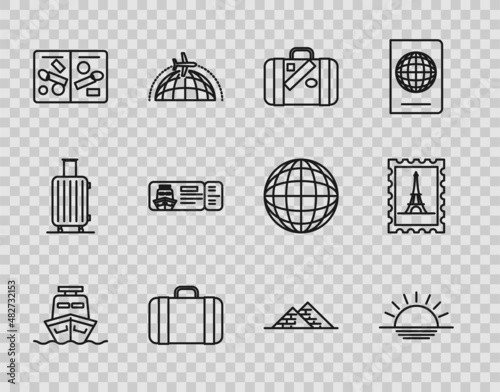 Set line Ship, Sunset, Suitcase for travel and stickers, Passport pages with visa stamps, Cruise ticket traveling by ship, Egypt pyramids and Postal Eiffel tower icon. Vector