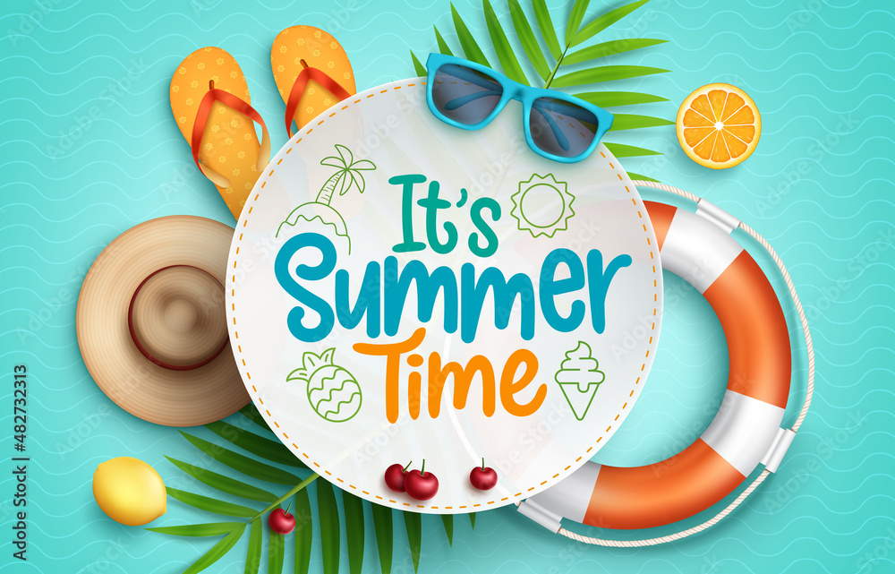 Summer time vector template design. It's summer time text in circle shape  space template with floating tropical season objects for holiday season  messages. Vector illustration. Stock Vector