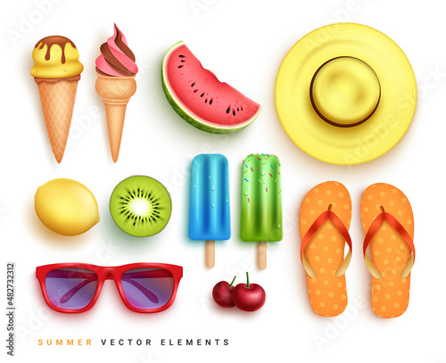 Summer elements vector set design. 3d realistic summer objects of ice cream, fruits, hat and flip flop isolated in white background for tropical season objects collection. Vector illustration.
