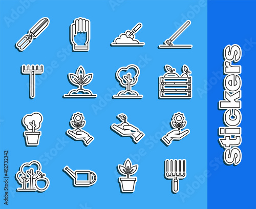Set line Garden rake in work, Hand holding flower, Wooden box for fruits vegetables, trowel spade shovel the ground, Plant, Gardening handmade scissors trimming and Tree icon. Vector
