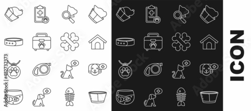 Set line Protective cone collar, Veterinary clinic symbol, Dog house, Pet first aid kit, Collar with name tag, and Crossed bones icon. Vector