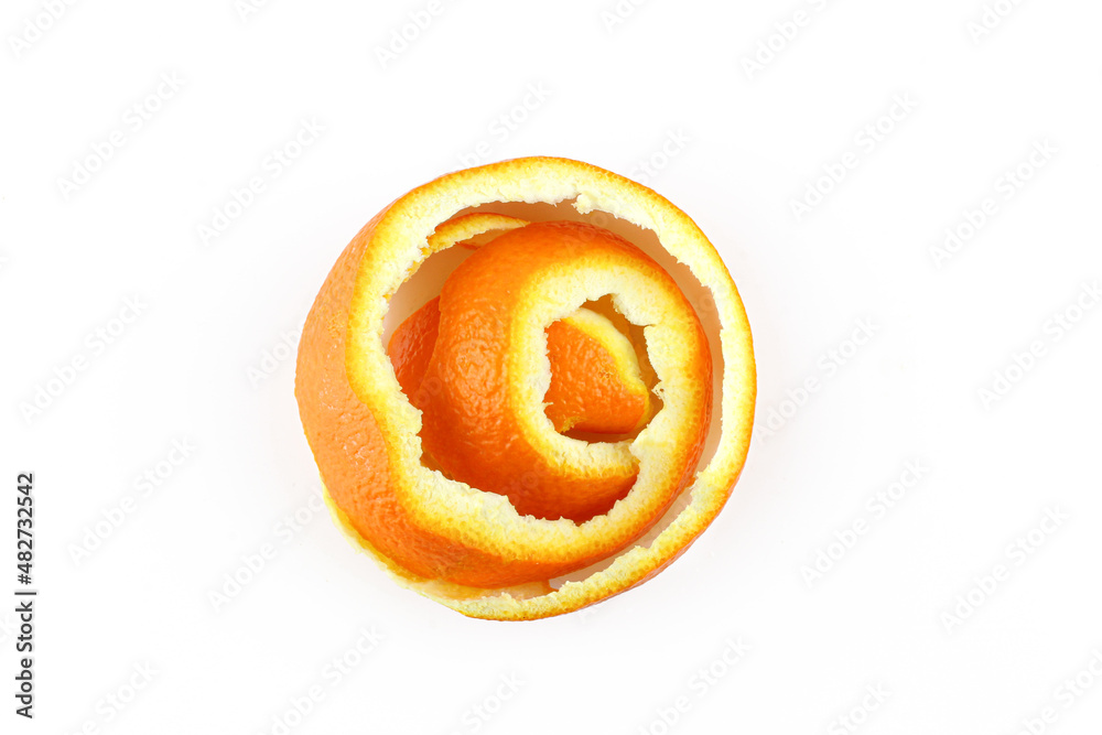 Spiral orange skin peel isolated on white background