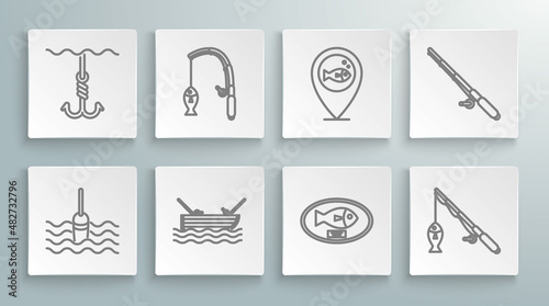 Set line Fishing float in water, rod and fish, boat with fishing on, trophy hanging the board, Location, and hook under icon. Vector