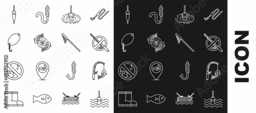Set line Fishing float in water, rod and fish, No fishing, spoon, and net icon. Vector