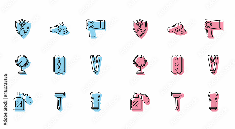 Set line Aftershave, Shaving razor, Scissors hairdresser and shield, brush, Blade, Curling iron for, Hand mirror and gel foam hand icon. Vector Set line Aftershave, Shaving razor, Scissors hairdresser and shield, brush, Blade, Curling iron for, Hand mirror and gel foam hand icon. Vector