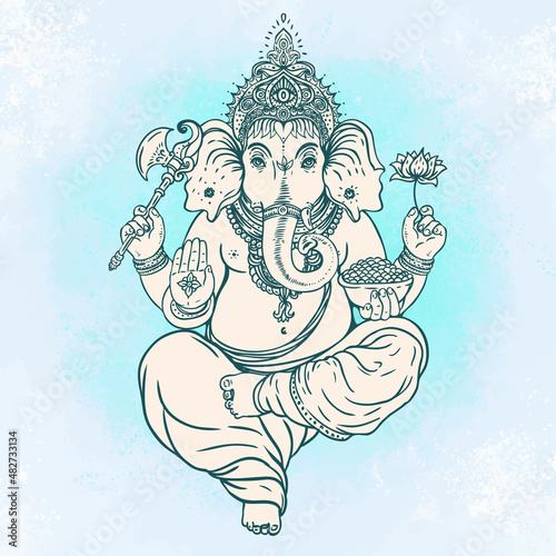 Hindu Lord Ganesha over ornate colorful mandala. Vector illustration.