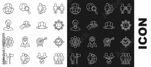 Set line Users group  Target and check mark  Project team base  Human with gear inside  head lamp bulb  Globe people and icon. Vector
