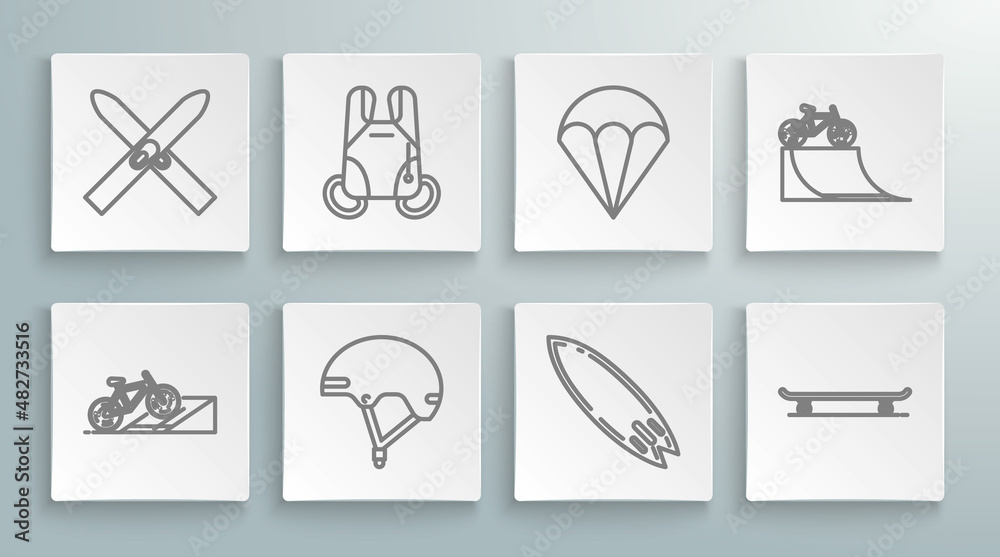 Set line Bicycle on street ramp, Parachute, Helmet, Surfboard, Skateboard, and Ski and sticks icon. Vector