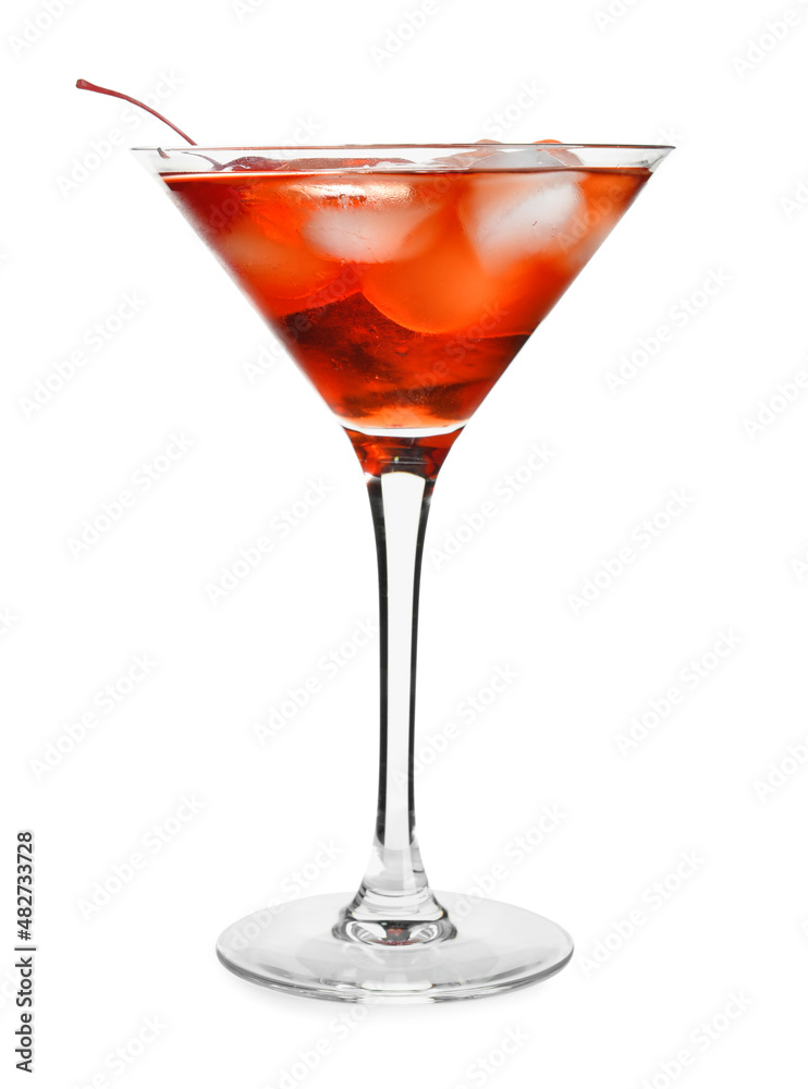 Glass of Manhattan cocktail with cherry and ice on white background