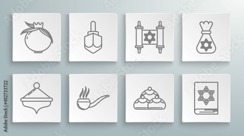 Set line Hanukkah dreidel, Smoking pipe with smoke, Jewish sweet bakery, torah book, Torah scroll, money bag star of david and Pomegranate icon. Vector