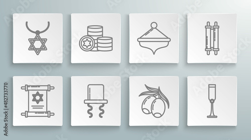 Set line Torah scroll, Jewish coin, Orthodox jewish hat with sidelocks, Olives branch, goblet, Hanukkah dreidel, and Star of David necklace on chain icon. Vector