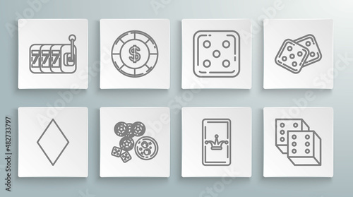 Set line Playing card with diamonds symbol, Casino chip dollar, chips, game dice and glass of whiskey ice cubes, Joker playing, Game, and Slot machine lucky sevens jackpot icon. Vector